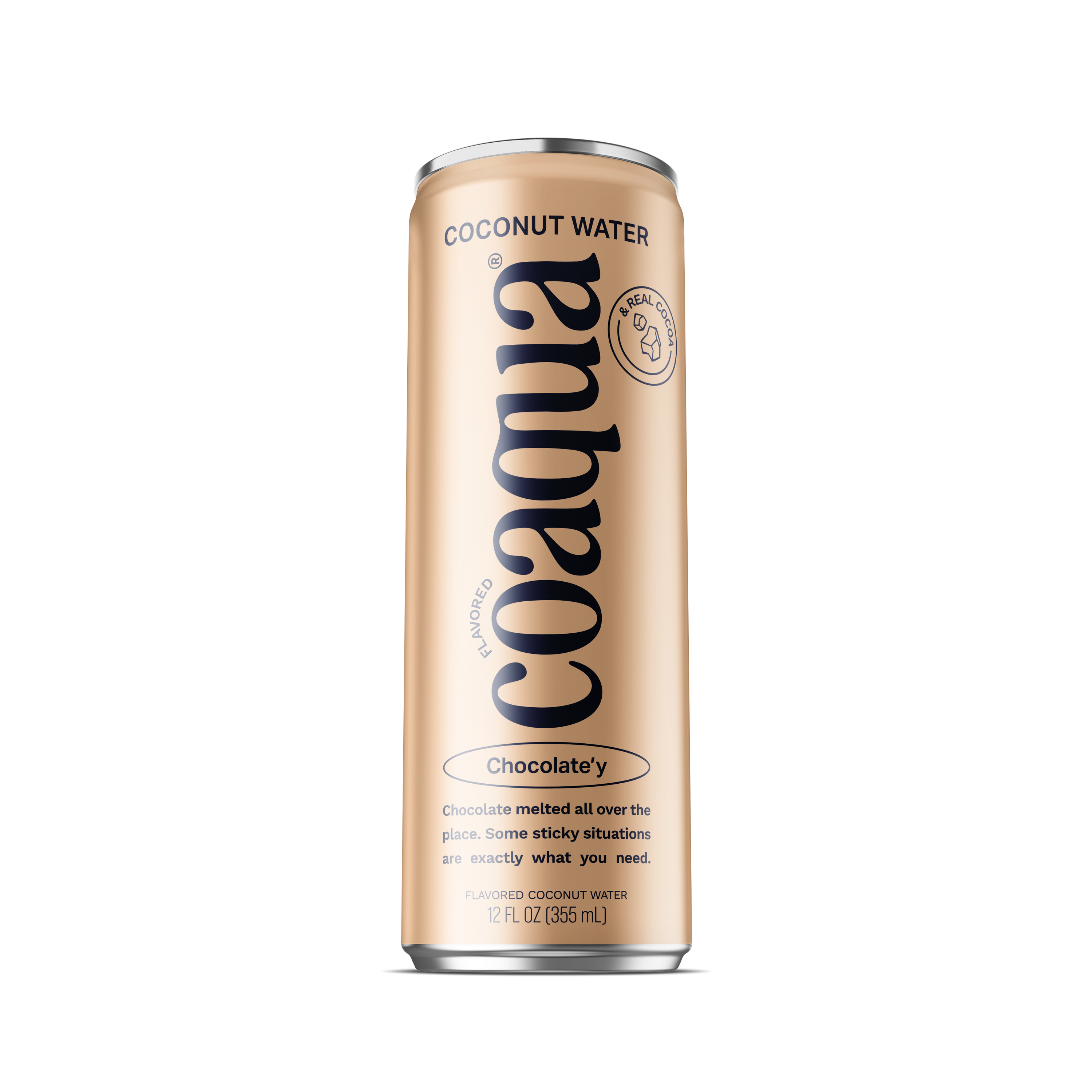 A single 12 ounce can of CoAqua coconut water in the Chocolate flavor. The can is light brown with black lettering.