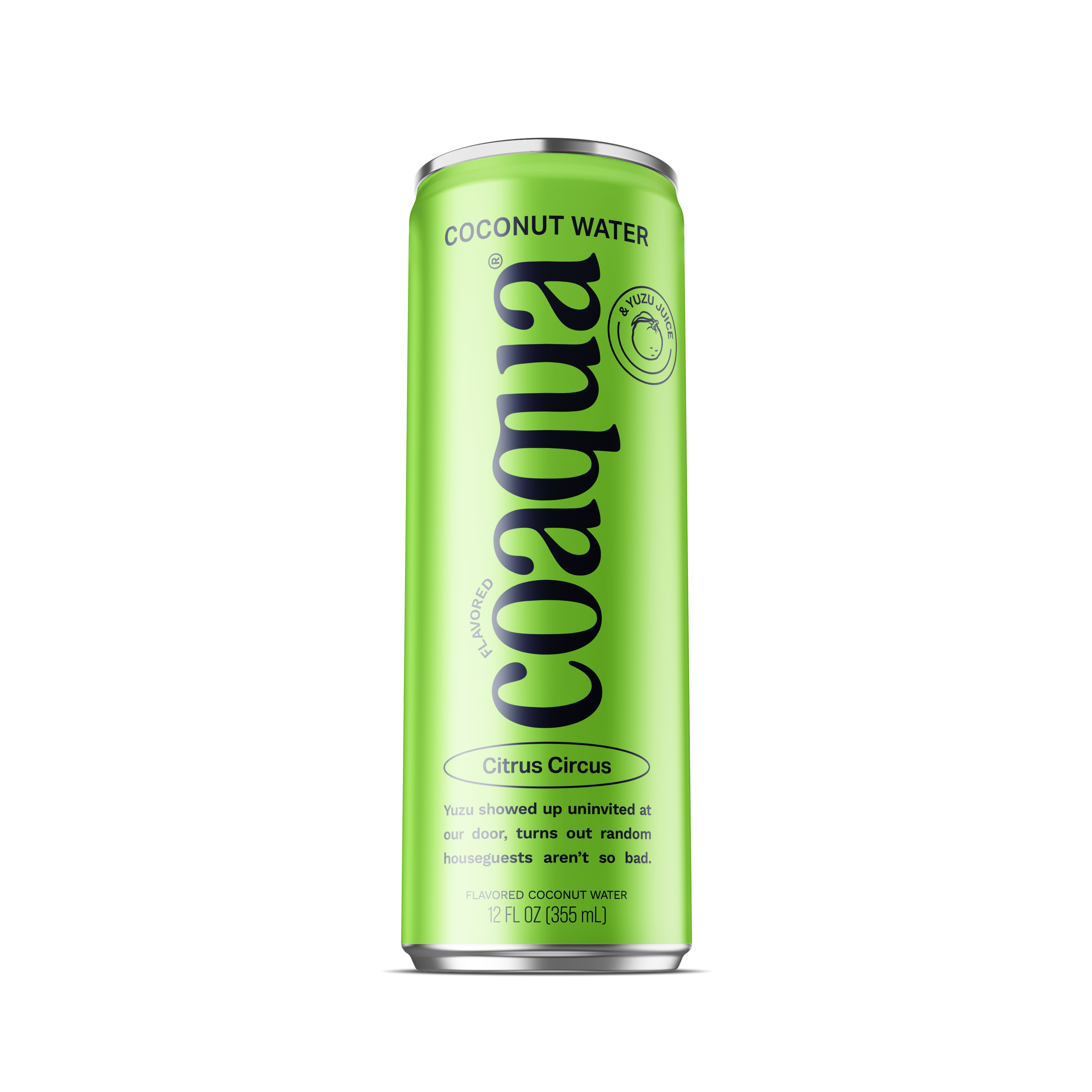 A bright lime green 12 ounce can of Coaqua Citrus Circus coconut water with black lettering, on a clean white background.