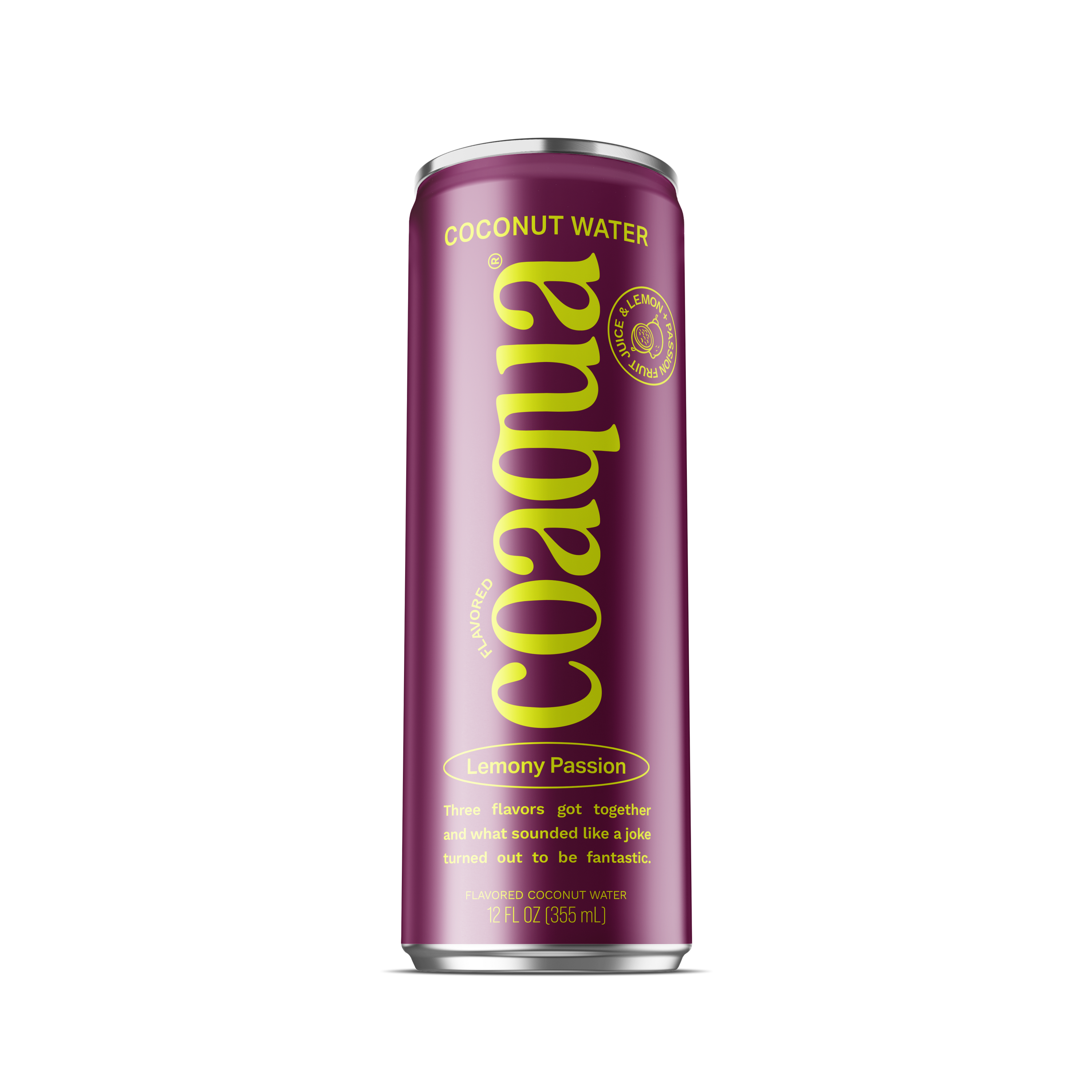 A single 12 ounce can of Coaqu Coconut Water Lemony Passion flavor, featuring a deep magenta-purple metallic can with bold yellow-green lettering.