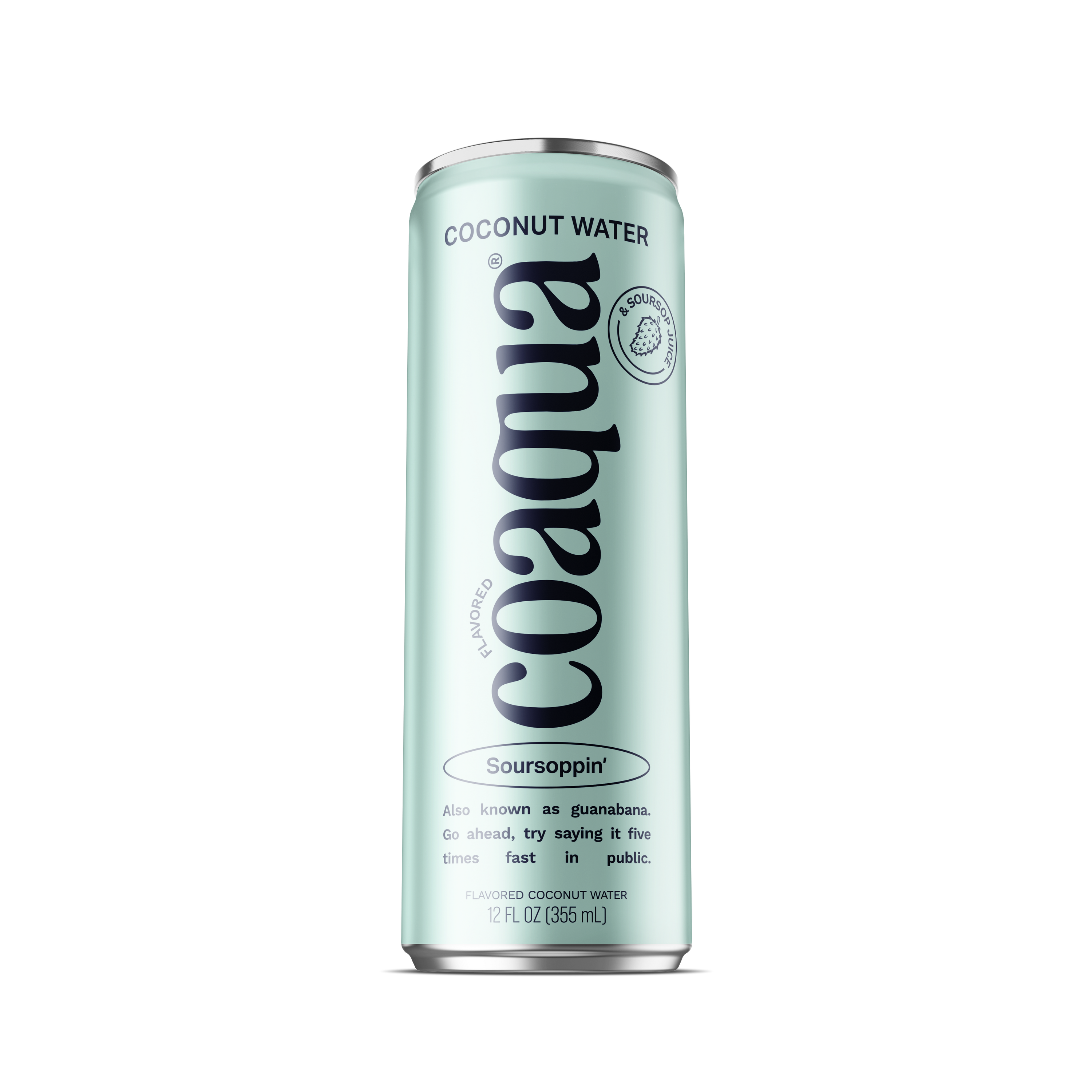 A single 12 ounce can of Coaqua Soursoppin' flavored coconut water on a solid white background.