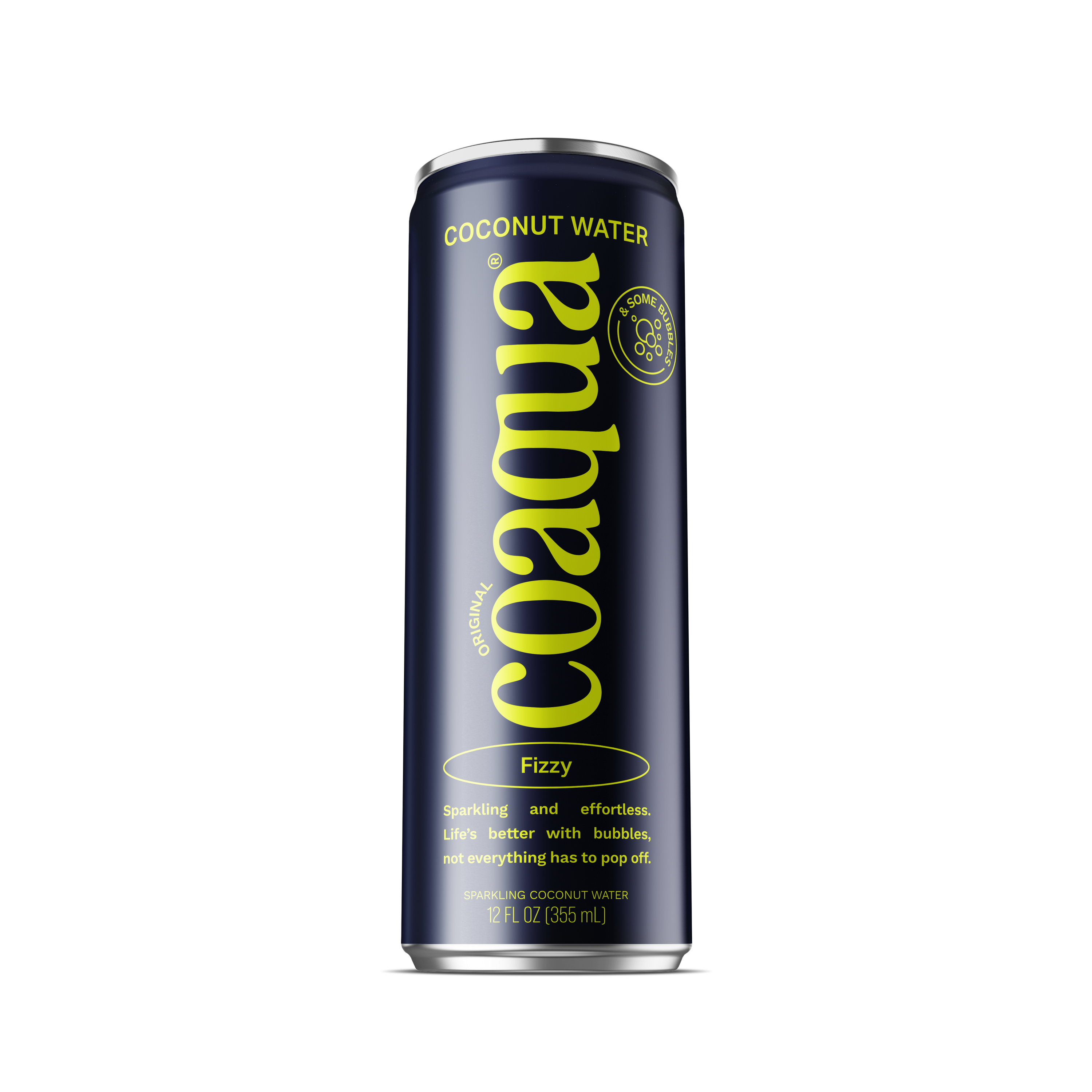 A single 12 ounce can of Coaqua Coconut Water Fizzy beverage on a plain white background. The can is dark navy blue with large yellow-green brand lettering and smaller yellow text.