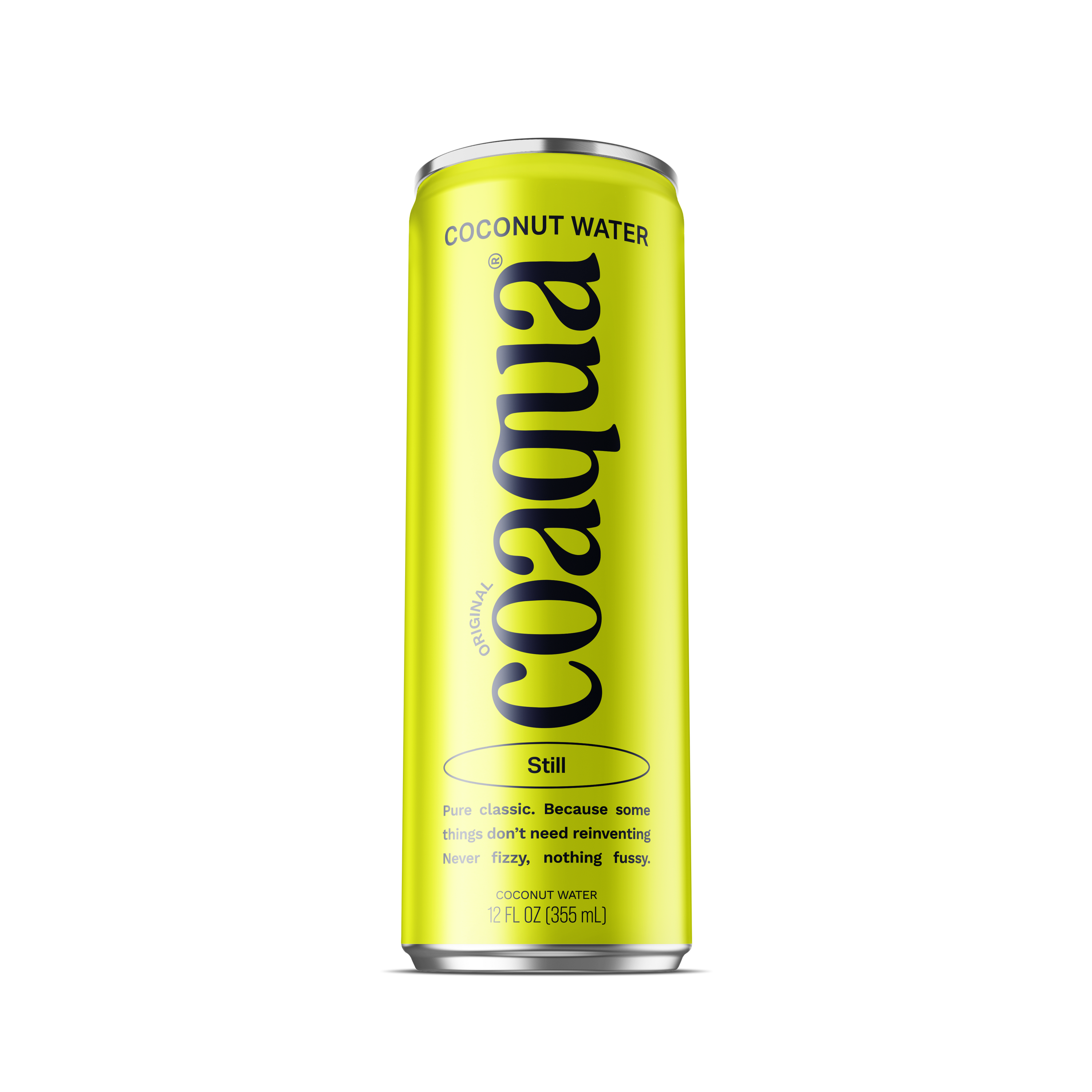 A bright yellow 12 ounce can of Coaqua Still coconut water with black lettering, shown on a plain white background.