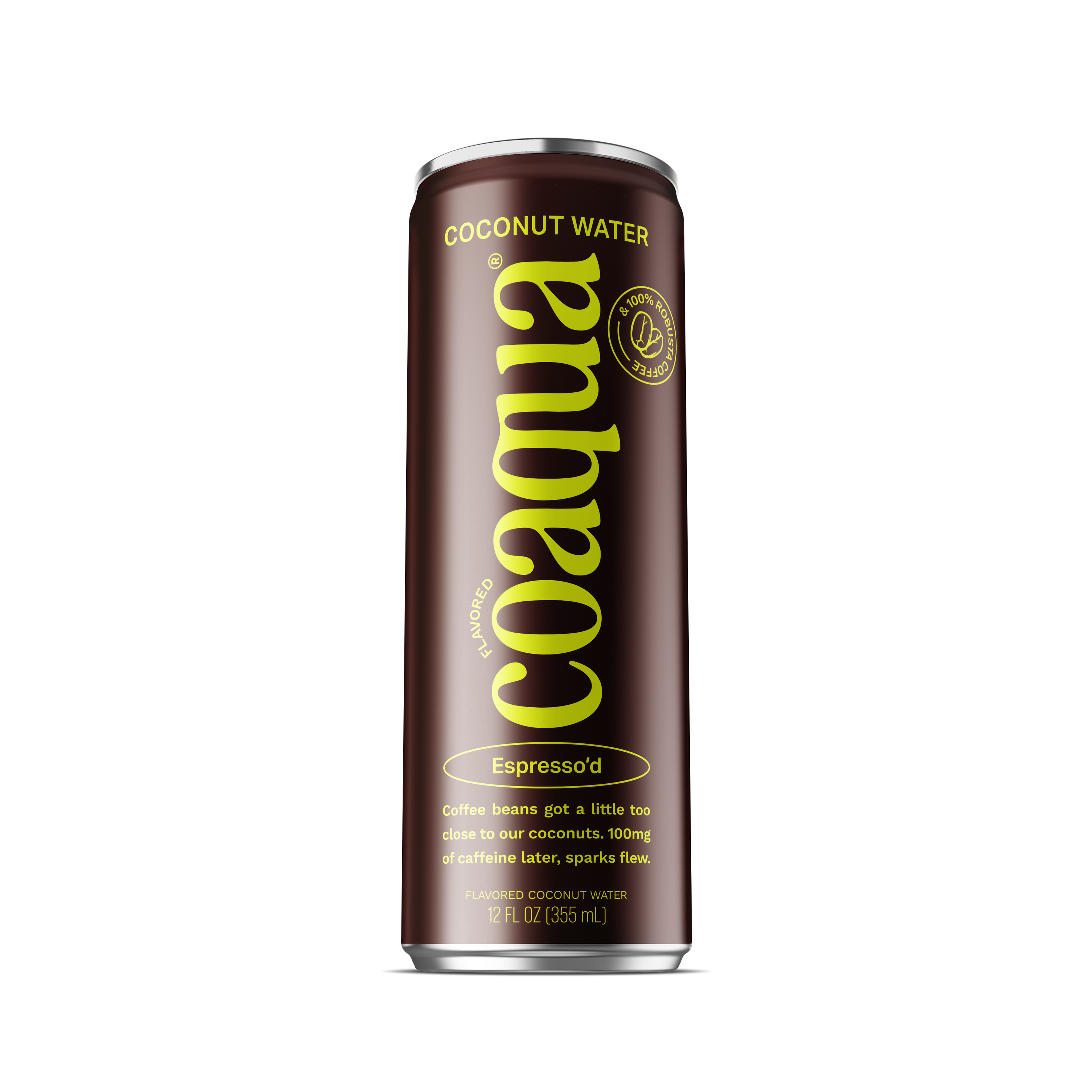 A single 12 ounce can of Coaquaa Espresso flavored coconut water beverage on a plain white background. The can is dark brown with bright yellow-green lettering.
