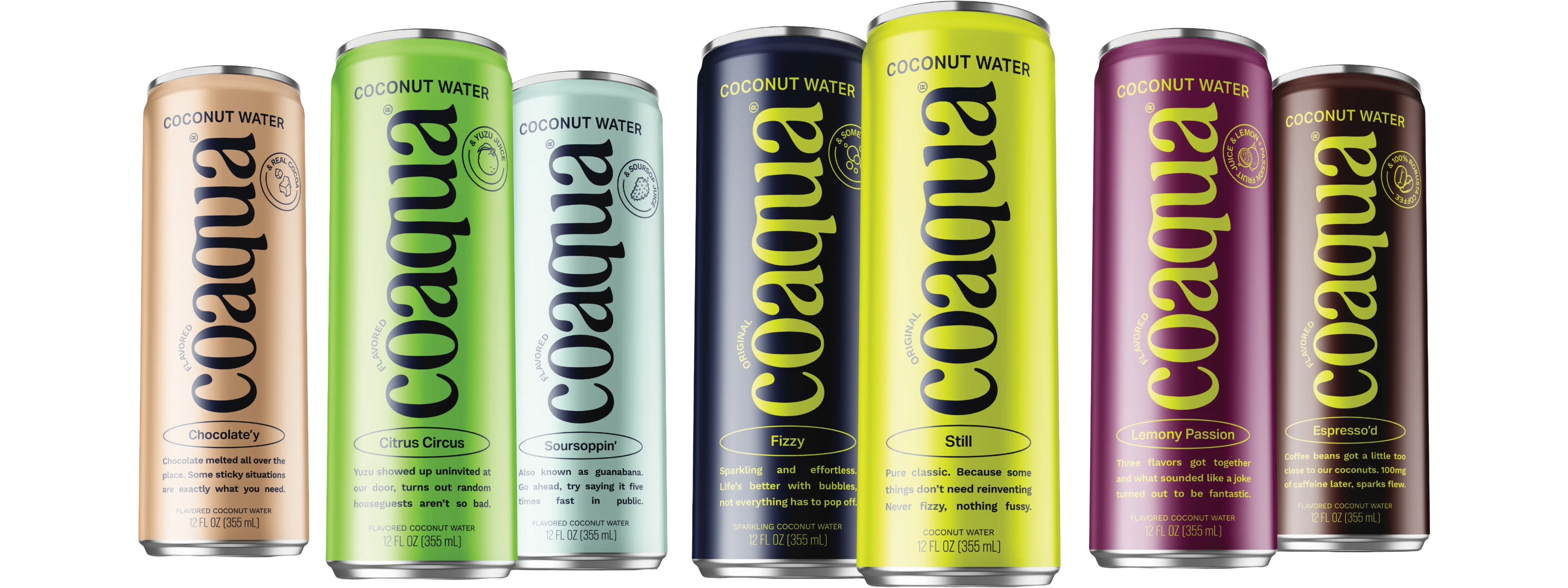 Six coaqua coconut water cans displayed in a row.
