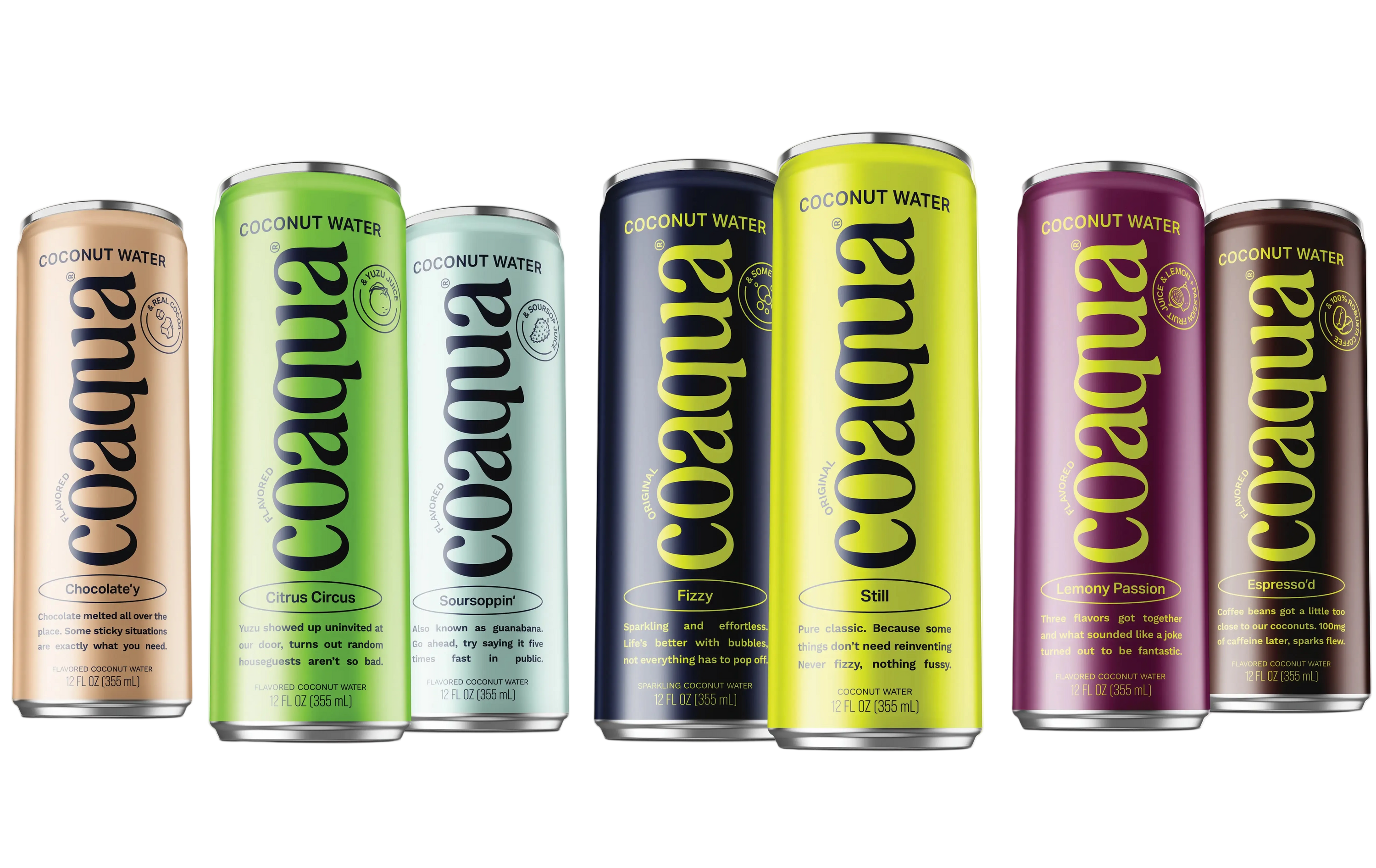 Six Coaqua Coconut Water cans, arranged in a row