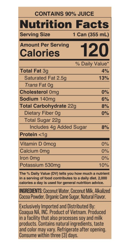 The nutrition facts panel for CoAqua Chocolatey coconut water.